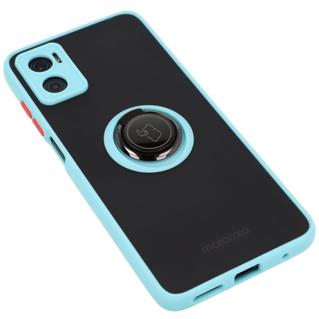 Etui z uchwytem na palec Bizon Case Hybrid Ring do Motorola Moto E22 / E22i, przydymione z jasnoniebieską ramką