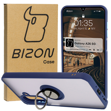 Etui z uchwytem na palec Bizon Case Hybrid Ring do Galaxy A26 5G, przydymione z granatową ramką