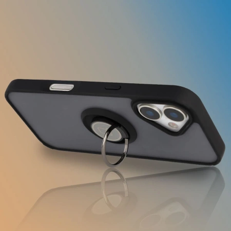 Etui z uchwytem na palec Bizon Case Hybrid Ring do iPhone 17, przydymione z czarną ramką