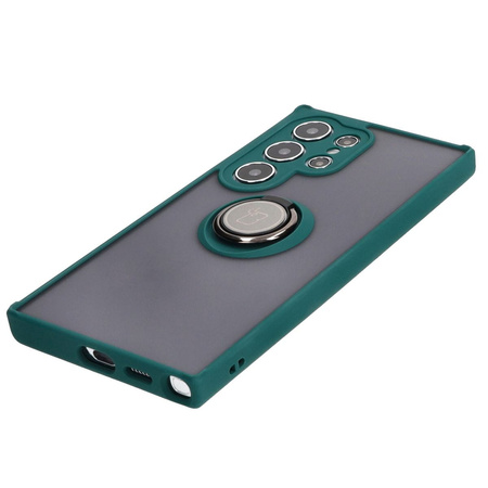 Etui z uchwytem na palec Bizon Case Hybrid Ring do Galaxy S24 Ultra, przydymione z ciemnozieloną ramką