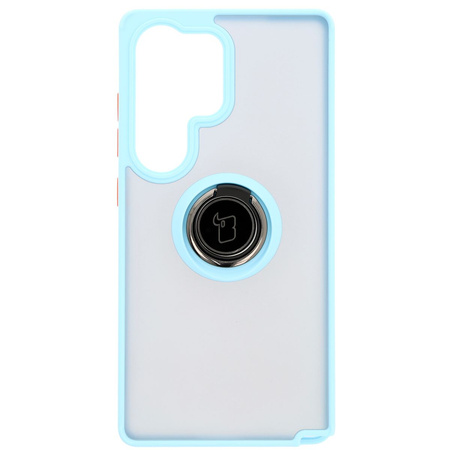 Etui z uchwytem na palec Bizon Case Hybrid Ring do Galaxy S25 Ultra, przydymione z jasnoniebieską ramką