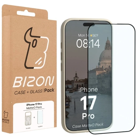 Etui z pierścieniem magnetycznym + szkło hartowane Bizon MatteO Pack do iPhone 17 Pro, przydymione-beżowe