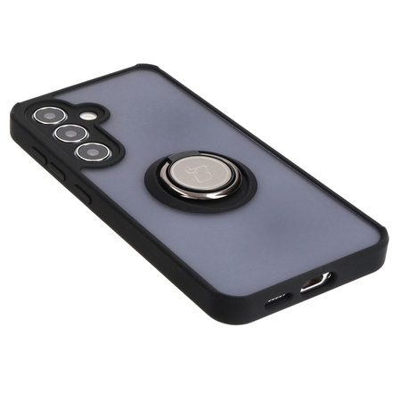 Etui z uchwytem na palec Bizon Case Hybrid Ring do Galaxy S24, przydymione z czarną ramką