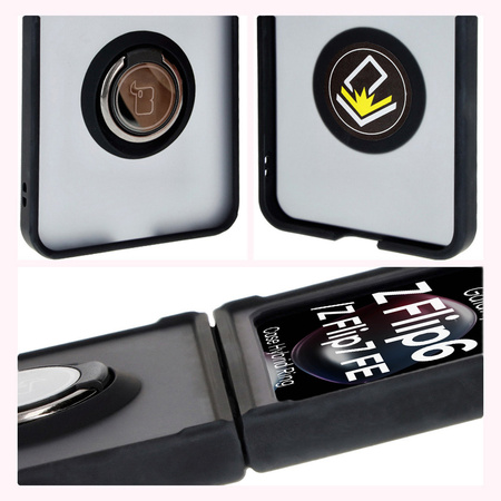 Etui z uchwytem na palec Bizon Case Hybrid Ring do Galaxy Z Flip6, przydymione z czarną ramką