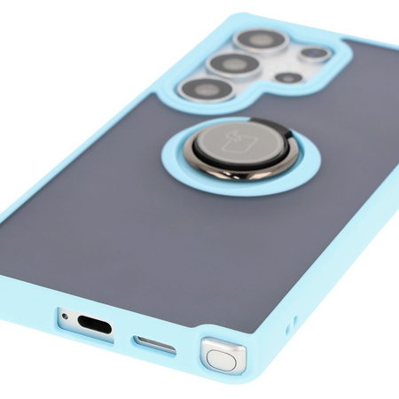 Etui z uchwytem na palec Bizon Case Hybrid Ring do Galaxy S25 Ultra, przydymione z jasnoniebieską ramką