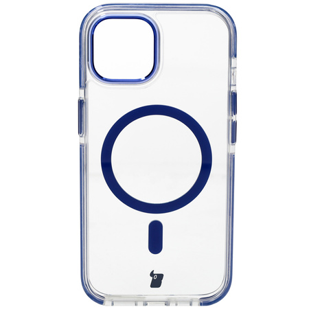 Etui z pierścieniem magnetycznym Bizon Case Marco do iPhone 15, przezroczyste z niebieską ramką