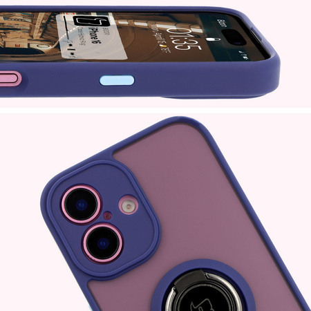 Etui z uchwytem na palec Bizon Case Hybrid Ring do iPhone 16, przydymione z granatową ramką