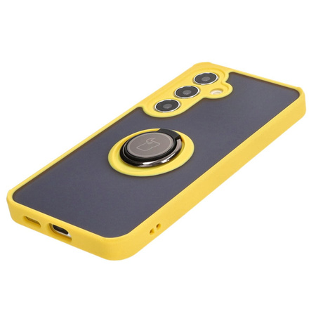 Etui z uchwytem na palec Bizon Case Hybrid Ring do Galaxy S24, przydymione z żółtą ramką