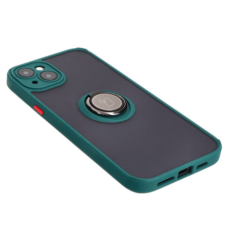 Etui z uchwytem na palec Bizon Case Hybrid Ring do iPhone 15 Plus, przydymione z ciemnozieloną ramką