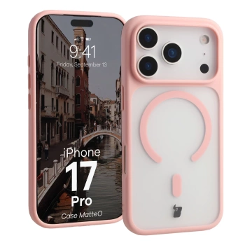 Etui z pierścieniem magnetycznym Bizon Case MatteO do iPhone 17 Pro, przydymione-jasnoróżowe
