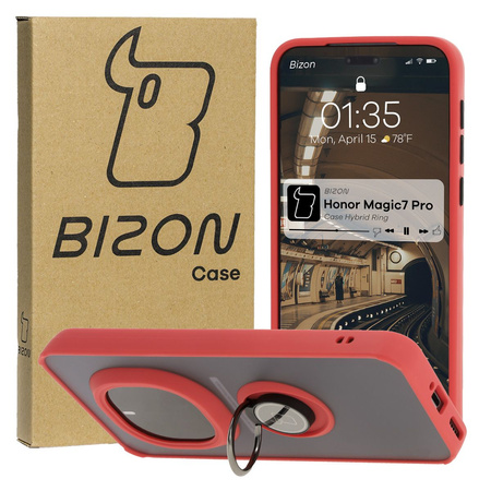 Etui z uchwytem na palec Bizon Case Hybrid Ring do Honor Magic7 Pro, przydymione z czerwoną ramką