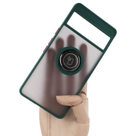 Etui z uchwytem na palec Bizon Case Hybrid Ring do Google Pixel 7, przydymione z ciemnozieloną ramką