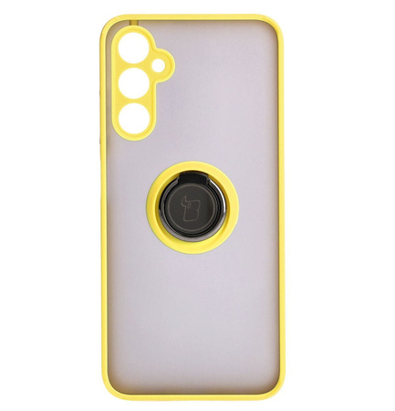Etui z uchwytem na palec Bizon Case Hybrid Ring do Galaxy A05s, przydymione z żółtą ramką