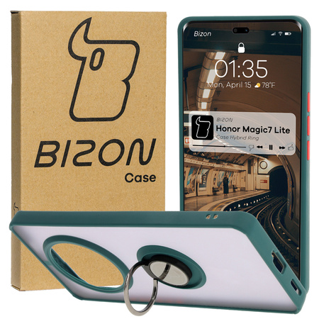 Etui z uchwytem na palec Bizon Case Hybrid Ring do Honor Magic7 Lite, przydymione z ciemnozieloną ramką