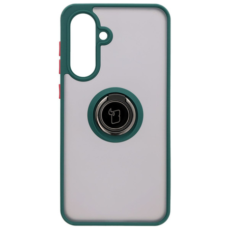 Etui z uchwytem na palec Bizon Case Hybrid Ring do Galaxy A36 5G / A56 5G, przydymione z ciemnozieloną ramką