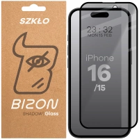 Prywatyzujące szkło hartowane Bizon Glass Edge Shadow do iPhone 16/15, przyciemniane z czarną ramką