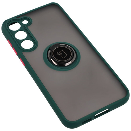 Etui z uchwytem na palec Bizon Case Hybrid Ring do Galaxy S23 Plus, przydymione z ciemnozieloną ramką