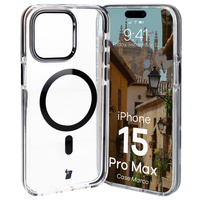 Etui z pierścieniem magnetycznym Bizon Case Marco do iPhone 15 Pro Max, przezroczyste z czarną ramką