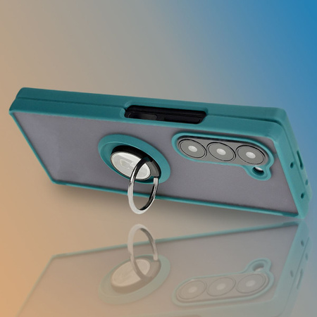 Etui z uchwytem na palec Bizon Case Hybrid Ring do Galaxy Z Fold6, przydymione z ciemnozieloną ramką