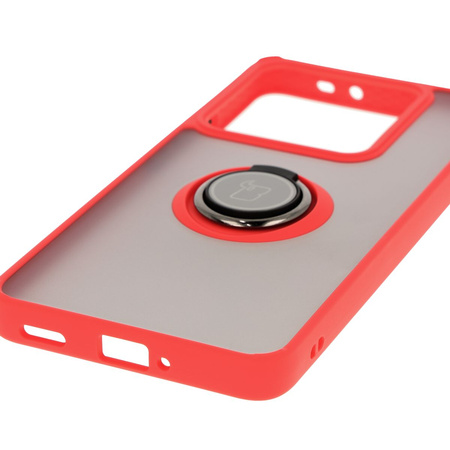 Etui z uchwytem na palec Bizon Case Hybrid Ring do Xiaomi 14T Pro, przydymione z czerwoną ramką