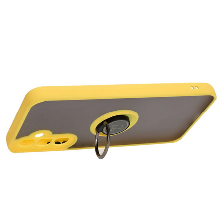 Etui z uchwytem na palec Bizon Case Hybrid Ring do Galaxy A34 5G, przydymione z żółtą ramką