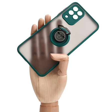 Etui z uchwytem na palec Bizon Case Hybrid Ring do Galaxy M33 5G, przydymione z ciemnozieloną ramką