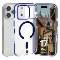 Etui z pierścieniem magnetycznym Bizon Case Marco do iPhone 17 Pro, przezroczyste z niebieską ramką