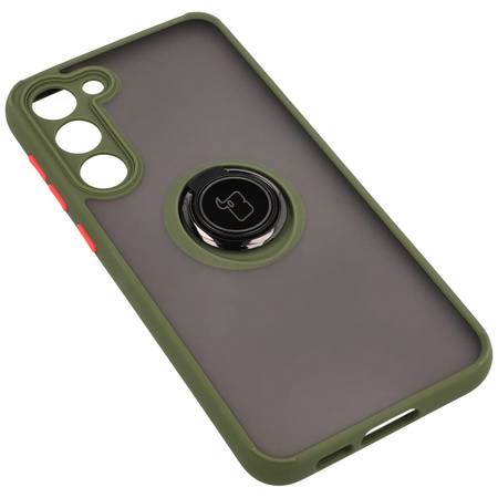 Etui z uchwytem na palec Bizon Case Hybrid Ring do Galaxy S23 Plus, przydymione z zieloną ramką