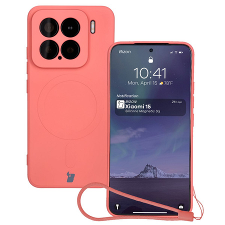 Silikonowe etui z pierścieniem magnetycznym Bizon Case Silicone Magnetic Sq do Xiaomi 15, brudnoróżowe