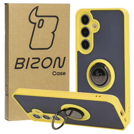 Etui z uchwytem na palec Bizon Case Hybrid Ring do Galaxy S25 / S24, przydymione z żółtą ramką