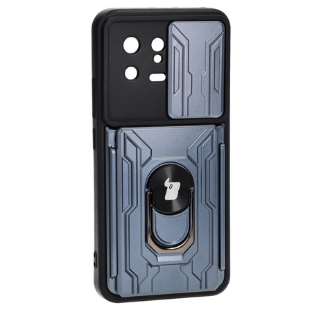 Etui Bizon Case Camshield Card Slot Ring do Xiaomi 13, szare