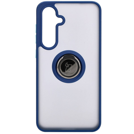 Etui z uchwytem na palec Bizon Case Hybrid Ring do Galaxy S24 FE, przydymione z granatową ramką