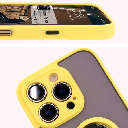 Etui z uchwytem na palec Bizon Case Hybrid Ring do iPhone 16 Pro Max, przydymione z żółtą ramką