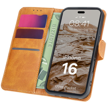 Etui z klapką Bizon Case Pocket do iPhone 16, brązowe