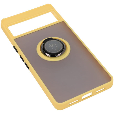 Etui z uchwytem na palec Bizon Case Hybrid Ring do Google Pixel 7, przydymione z żółtą ramką