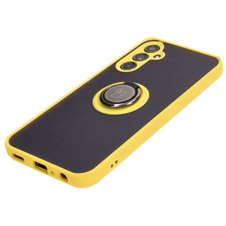 Etui z uchwytem na palec Bizon Case Hybrid Ring do Galaxy M34 5G, przydymione z żółtą ramką