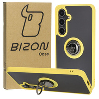 Etui z uchwytem na palec Bizon Case Hybrid Ring do Galaxy S24 FE, przydymione z żółtą ramką
