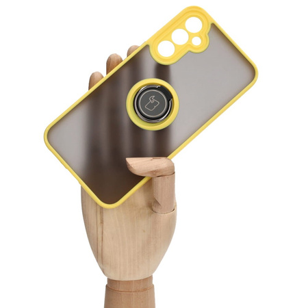 Etui z uchwytem na palec Bizon Case Hybrid Ring do Galaxy A34 5G, przydymione z żółtą ramką