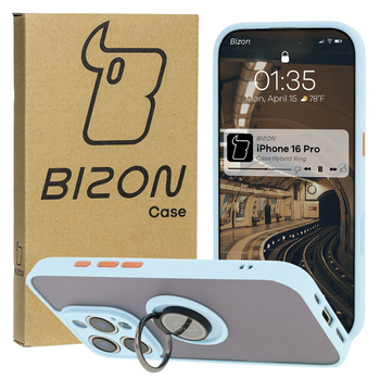 Etui z uchwytem na palec Bizon Case Hybrid Ring do iPhone 16 Pro, przydymione z jasnoniebieską ramką