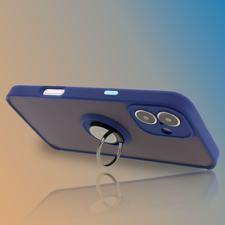 Etui z uchwytem na palec Bizon Case Hybrid Ring do iPhone 16 Plus, przydymione z granatową ramką