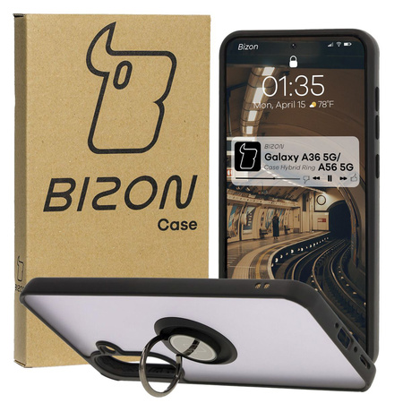 Etui z uchwytem na palec Bizon Case Hybrid Ring do Galaxy A36 5G / A56 5G, przydymione z czarną ramką