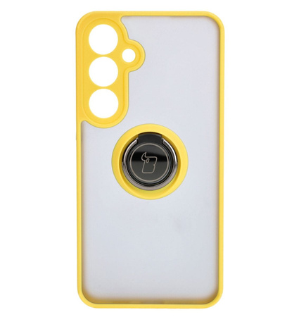 Etui z uchwytem na palec Bizon Case Hybrid Ring do Galaxy S24 Plus, przydymione z żółtą ramką