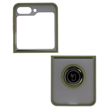Etui z uchwytem na palec Bizon Case Hybrid Ring do Galaxy Z Flip5, przydymione z zieloną ramką