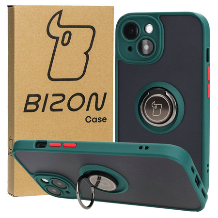 Etui z uchwytem na palec Bizon Case Hybrid Ring do iPhone 15, przydymione z ciemnozieloną ramką