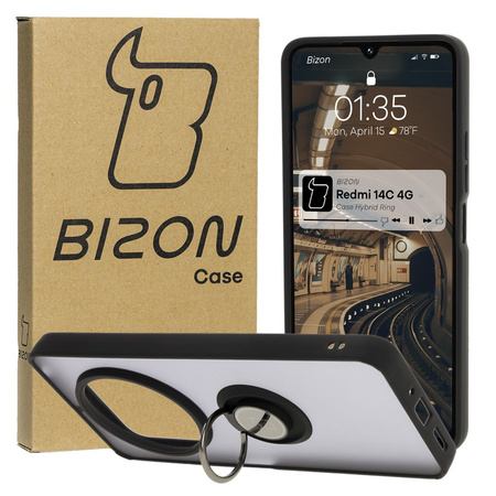 Etui z uchwytem na palec Bizon Case Hybrid Ring do Xiaomi Redmi 14C 4G / POCO C75, przydymione z czarną ramką