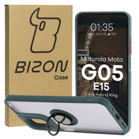 Etui z uchwytem na palec Bizon Case Hybrid Ring do Motorola Moto G05 / E15, przydymione z ciemnozieloną ramką