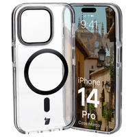 Etui z pierścieniem magnetycznym Bizon Case Marco do iPhone 14 Pro, przezroczyste z czarną ramką