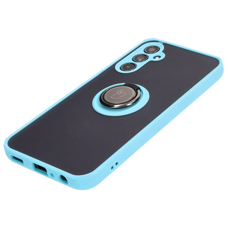 Etui z uchwytem na palec Bizon Case Hybrid Ring do Galaxy M34 5G, przydymione z jasnoniebieską ramką