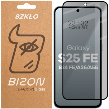 Prywatyzujące szkło hartowane Bizon Glass Edge Shadow do Galaxy S24 FE, przyciemniane z czarną ramką