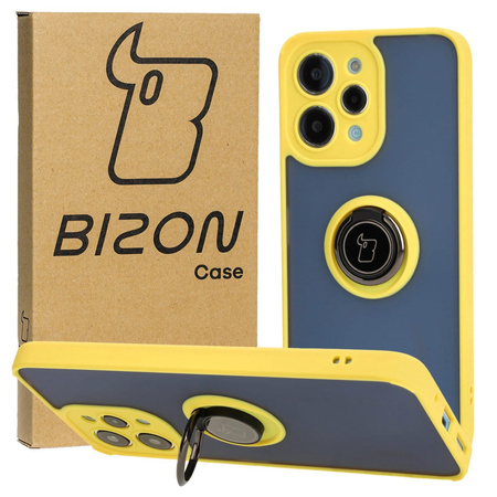 Etui z uchwytem na palec Bizon Case Hybrid Ring do Xiaomi Redmi 12, przydymione z żółtą ramką